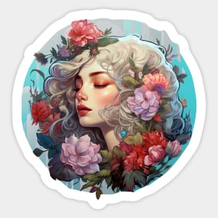 Beautiful girl surrounded by flowers Sticker